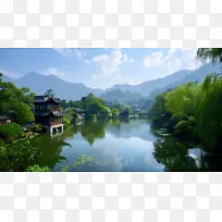 山水中国风建筑植物风景