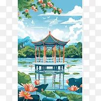 夏季池塘凉亭荷花插画背景