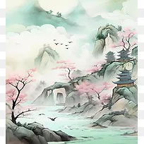 水墨山水桃花飞鸟手绘高清背景