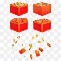 C4D红色卡通金币元宝宝箱红包元素