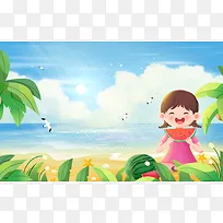 夏天海边女孩沙滩上开心吃西瓜插画背景