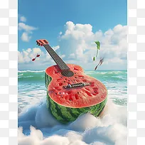 夏天海浪沙滩西瓜吉他