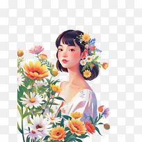 治愈插画 少女 花卉 植物 母亲节