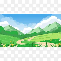 绿色小清新春天户外野营绿植风景背景插画