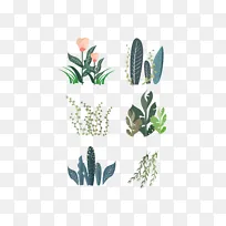 绿色植物叶子花朵卡通手绘插画元素
