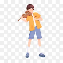 手绘扁平风拉小提琴的男孩人物插画元素